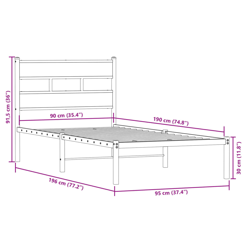 vidaXL Metal Bed Frame without Mattress Sonoma Oak 90x190 cm Single
