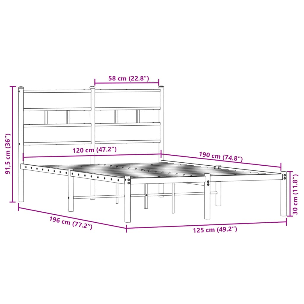 vidaXL Metal Bed Frame without Mattress Sonoma Oak 120x190 cm
