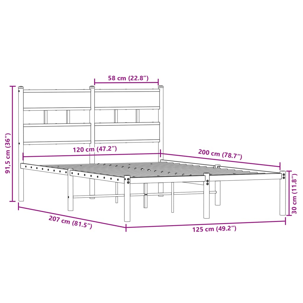 vidaXL Metal Bed Frame without Mattress Sonoma Oak 120x200 cm