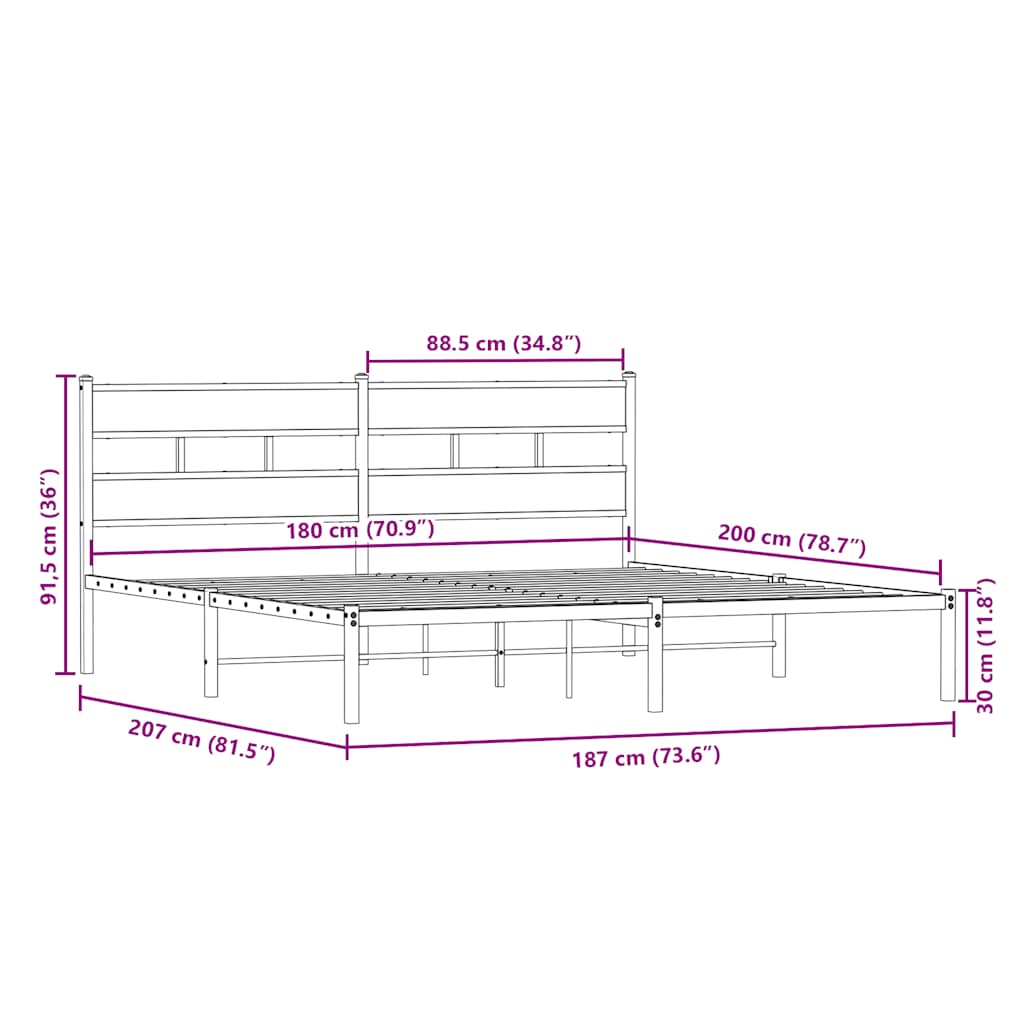 vidaXL Metal Bed Frame without Mattress Sonoma Oak 180x200 cm