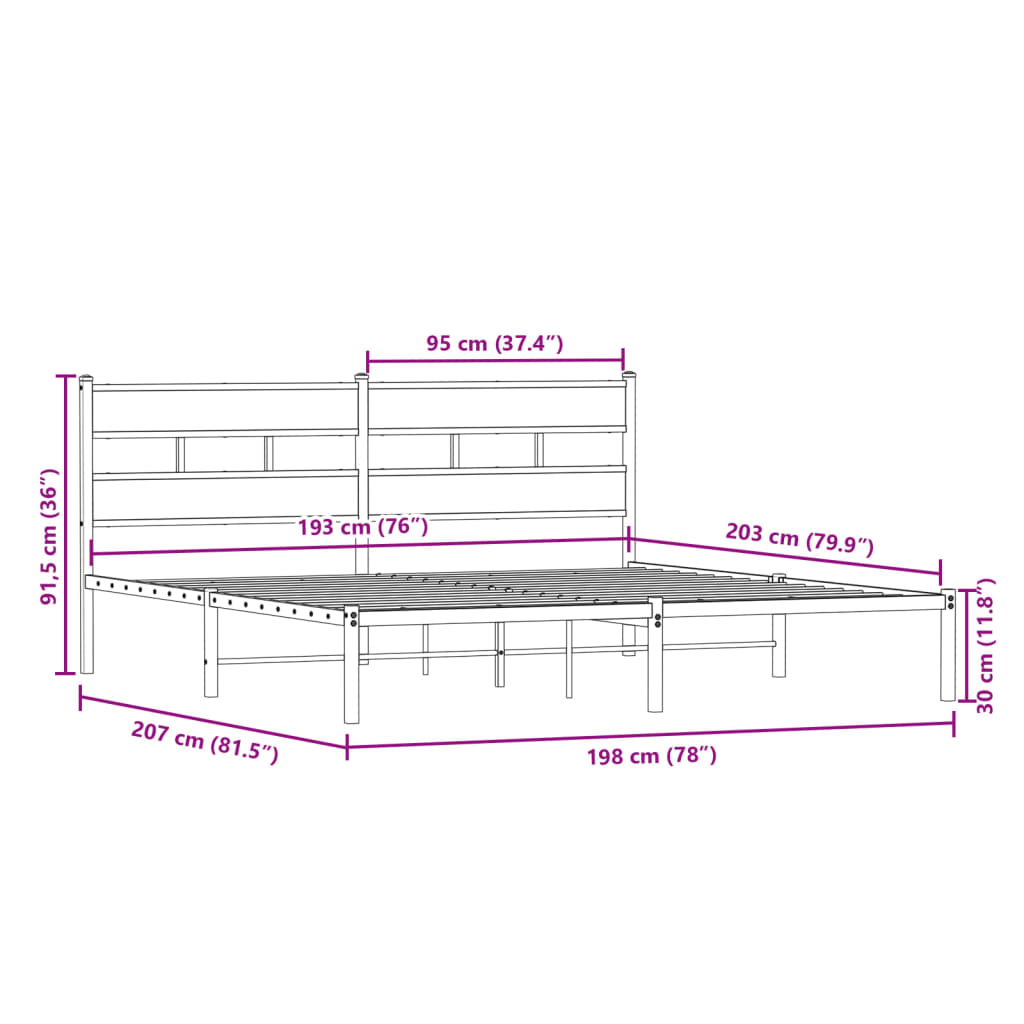 vidaXL Metal Bed Frame without Mattress Sonoma Oak 193x203 cm