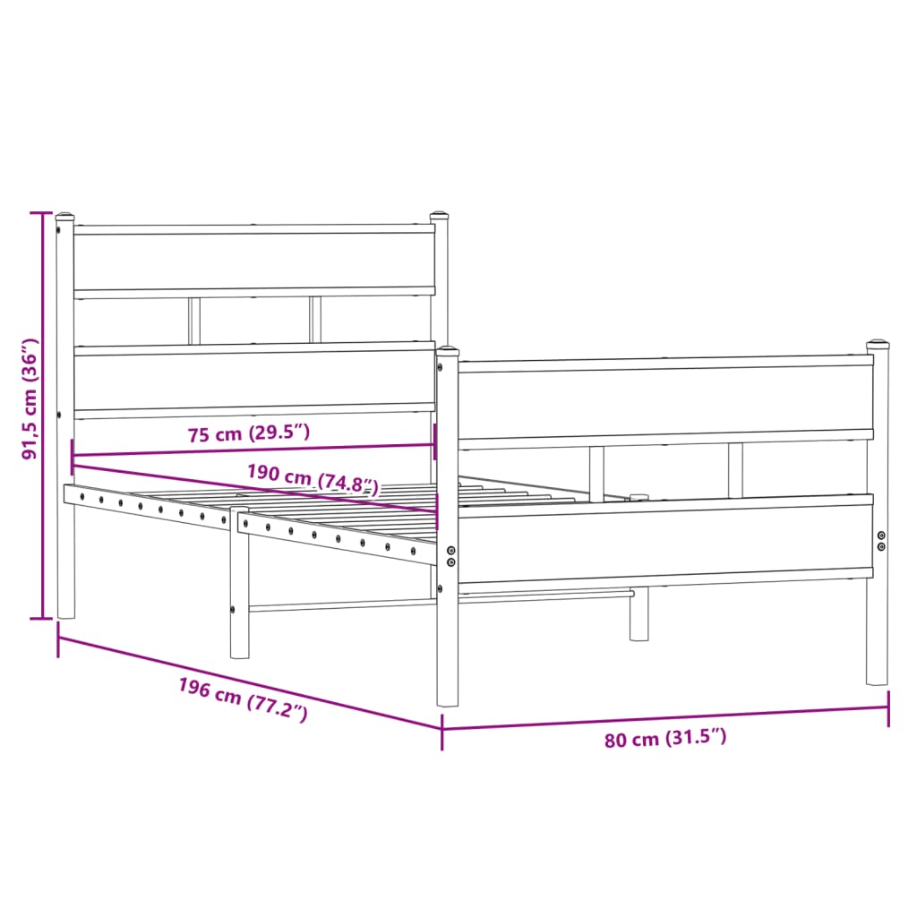 vidaXL Metal Bed Frame without Mattress Sonoma Oak 75x190 cm Small Single