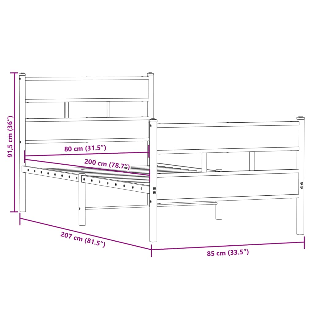 vidaXL Metal Bed Frame without Mattress Sonoma Oak 80x200 cm