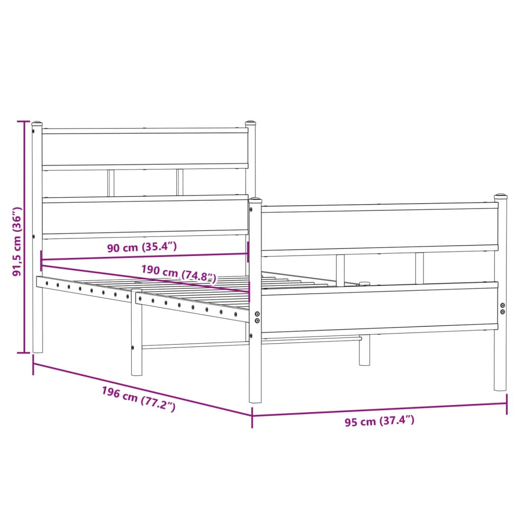 vidaXL Metal Bed Frame without Mattress Sonoma Oak 90x190 cm Single