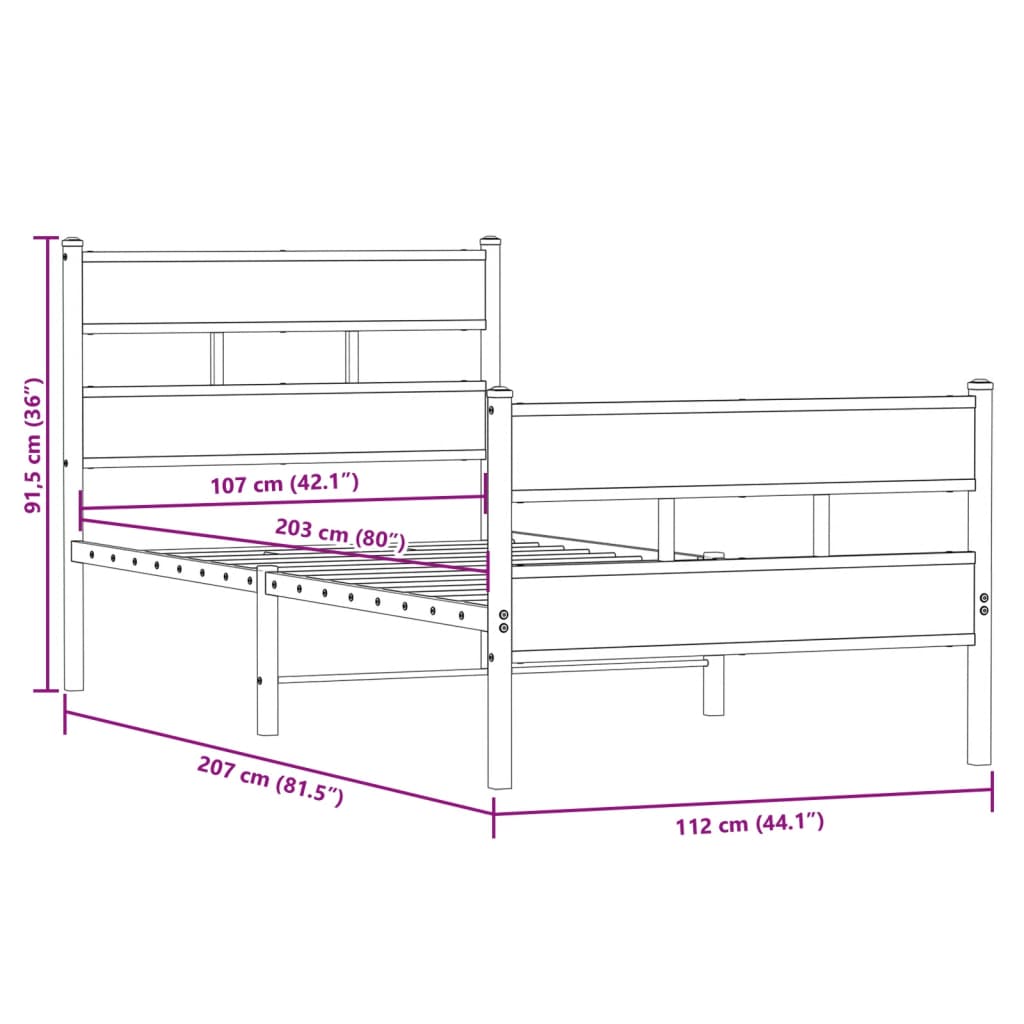 vidaXL Metal Bed Frame without Mattress Sonoma Oak 107x203 cm