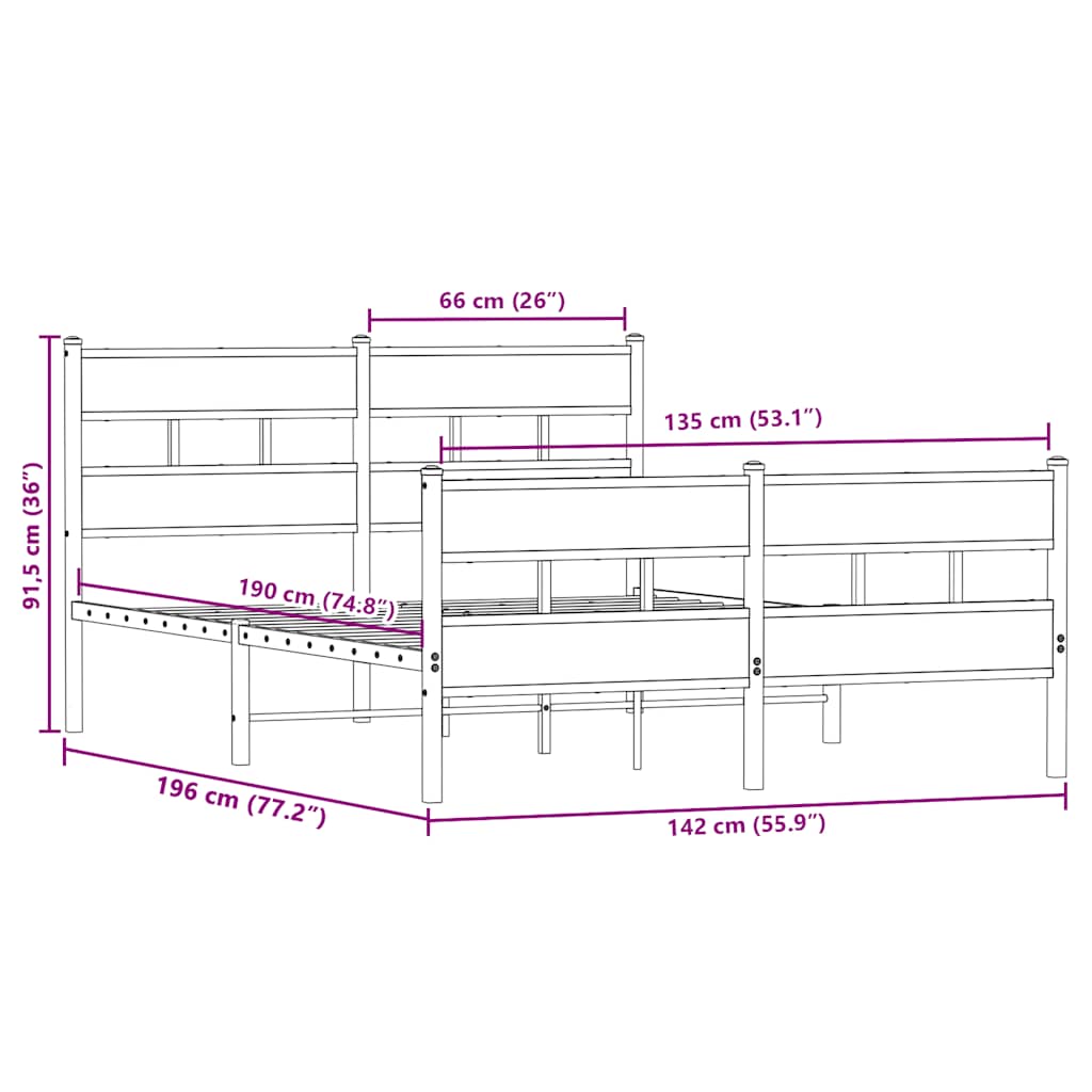 vidaXL Metal Bed Frame without Mattress Sonoma Oak 135x190 cm Double