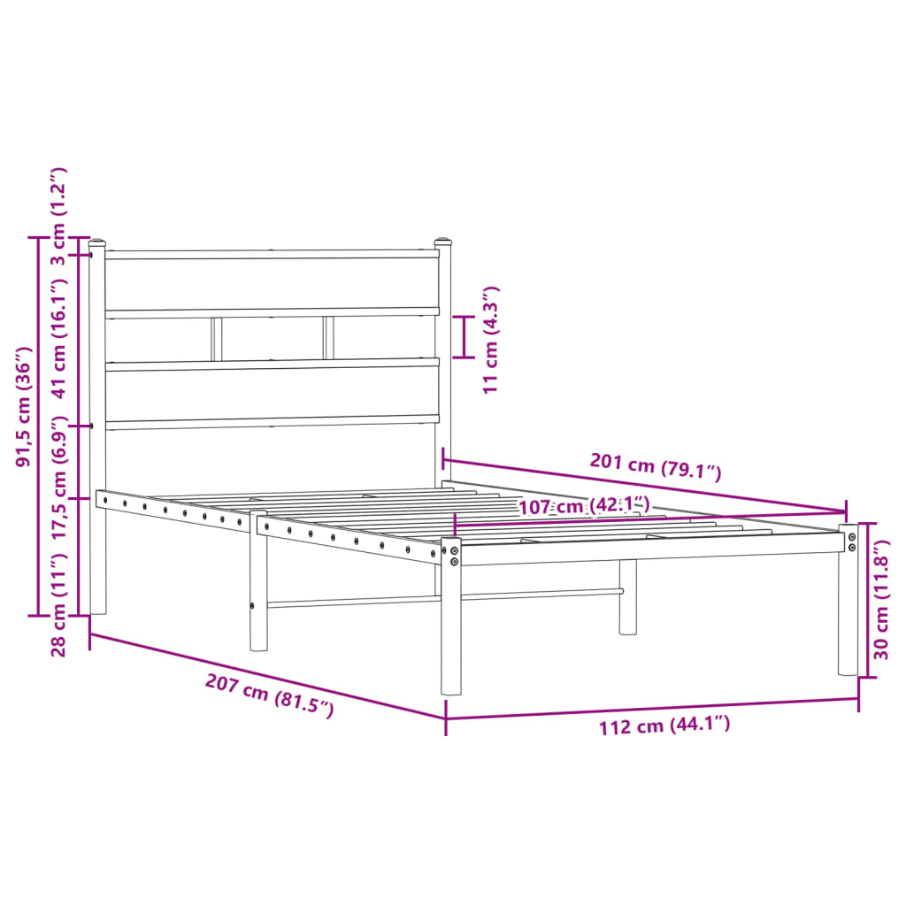 vidaXL Bed Frame without Mattress with Headboard Brown Oak 107x203 cm