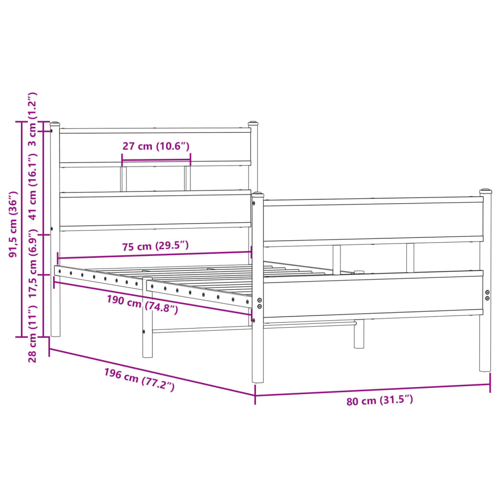 vidaXL Bed Frame without Mattress with Headboard and Footboard 75x190 cm Small Single