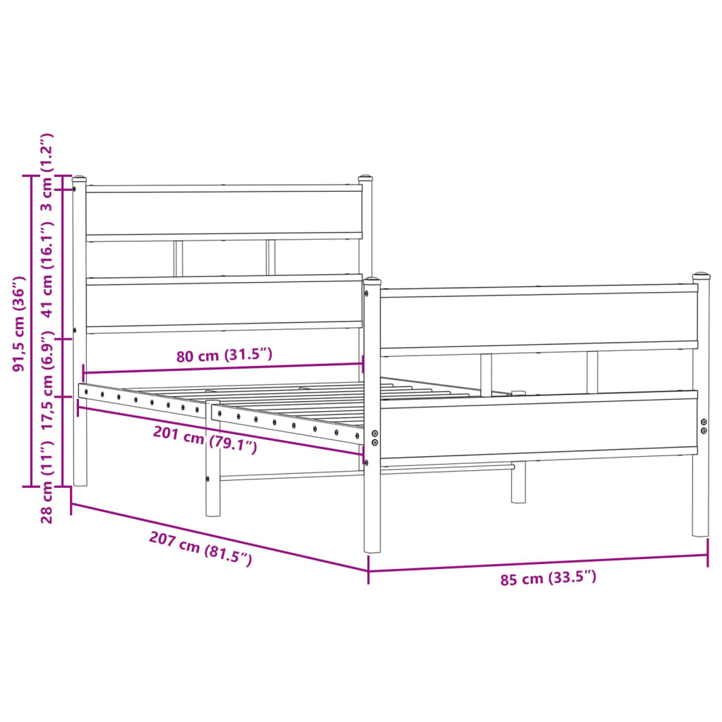 vidaXL Bed Frame without Mattress with Headboard and Footboard 80x200 cm