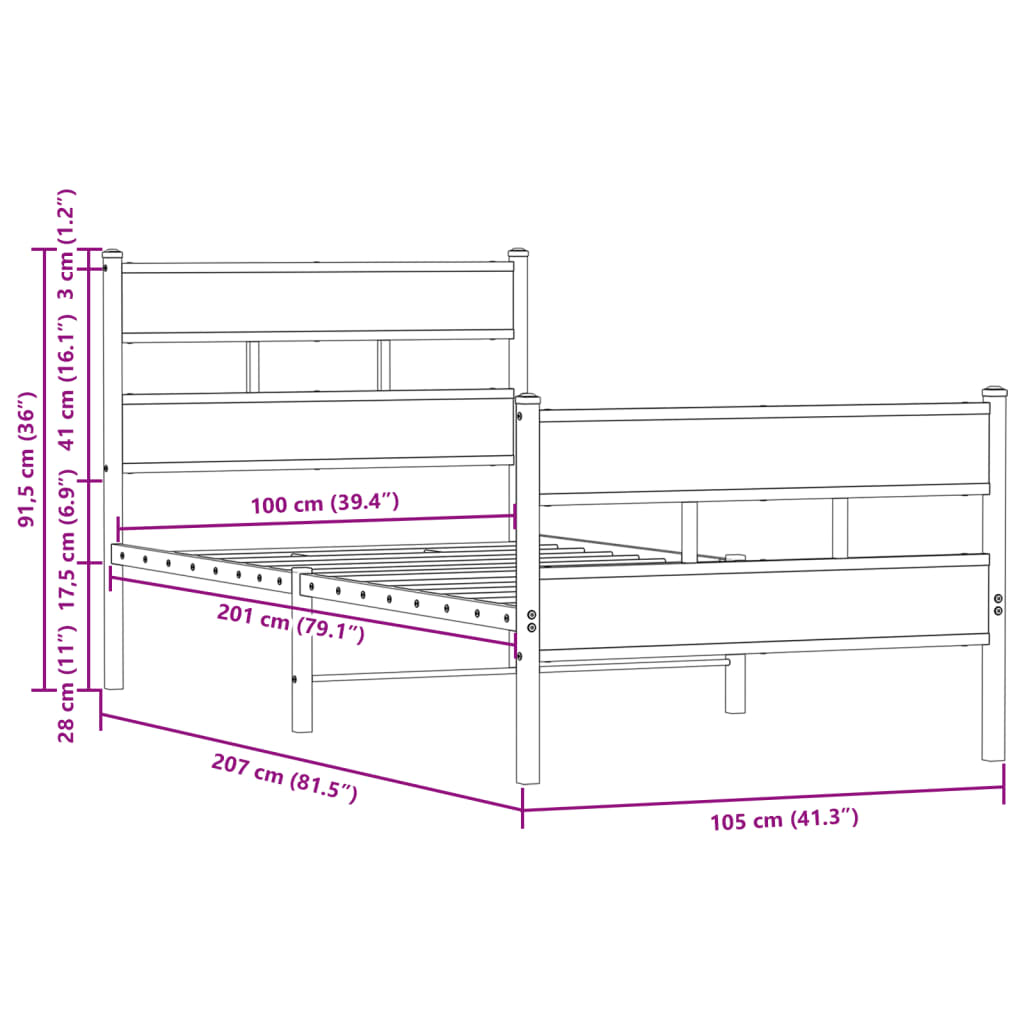 vidaXL Bed Frame without Mattress with Headboard and Footboard 100x200 cm