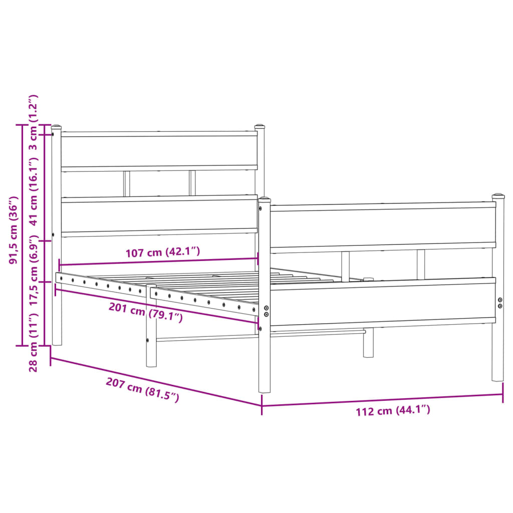 vidaXL Bed Frame without Mattress with Headboard and Footboard 107x203 cm