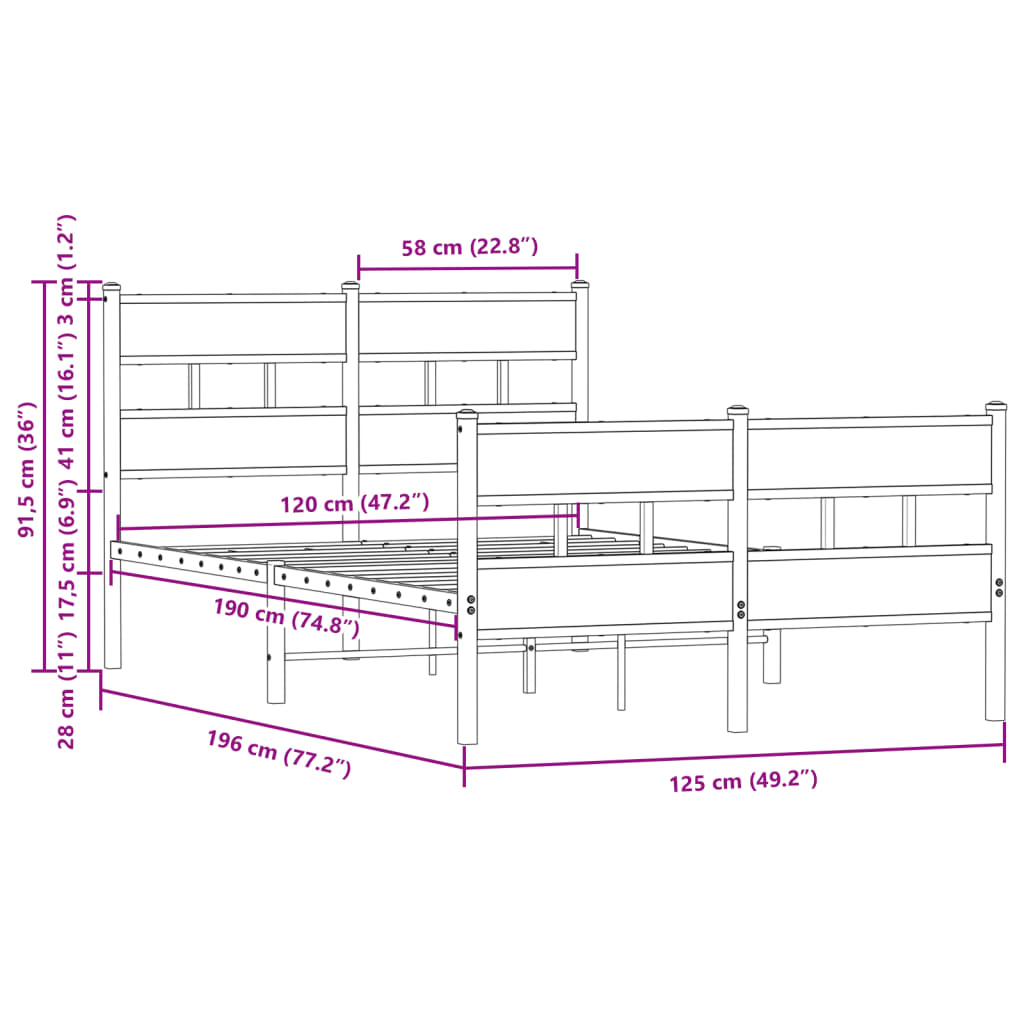 vidaXL Bed Frame without Mattress with Headboard and Footboard 120x190 cm Small Double
