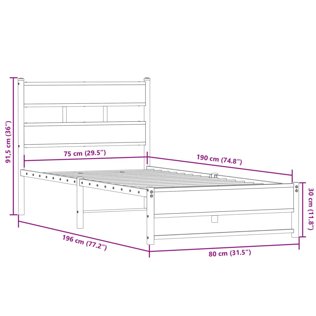 vidaXL Metal Bed Frame without Mattress Smoked Oak 75x190 cm Small Single