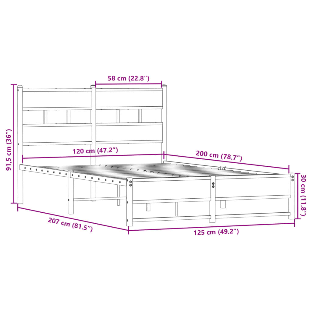 vidaXL Metal Bed Frame without Mattress Smoked Oak 120x200 cm