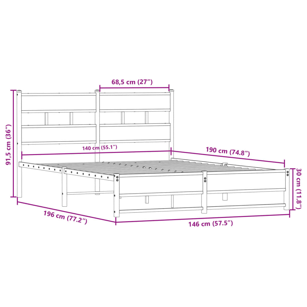 vidaXL Metal Bed Frame without Mattress Smoked Oak 140x190 cm