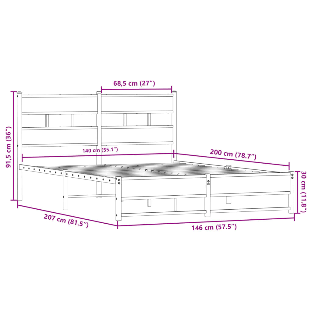 vidaXL Metal Bed Frame without Mattress Smoked Oak 140x200 cm
