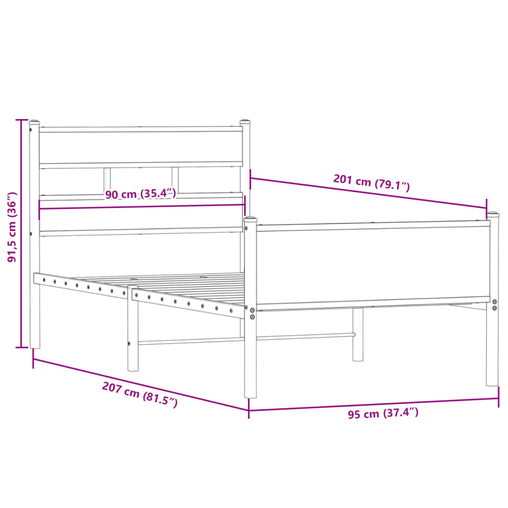 vidaXL Bed Frame without Mattress Smoked Oak 90x200 cm Engineered Wood
