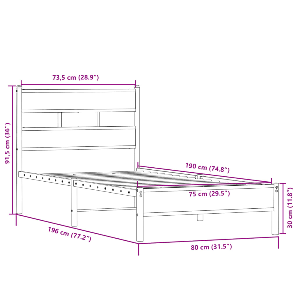 vidaXL Bed Frame without Mattress Sonoma Oak 75x190 cm Small Single Engineered Wood