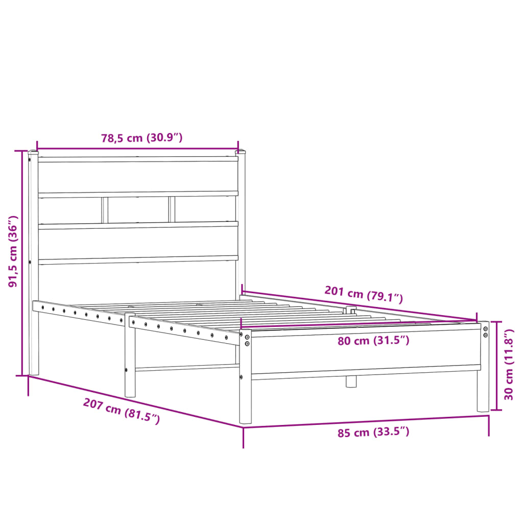 vidaXL Bed Frame without Mattress Sonoma Oak 80x200 cm Engineered Wood