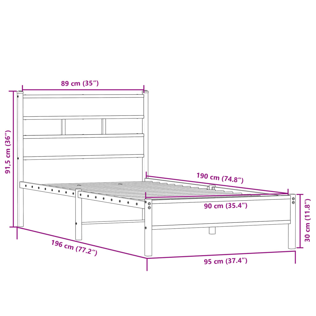 vidaXL Bed Frame without Mattress Sonoma Oak 90x190 cm Single Engineered Wood