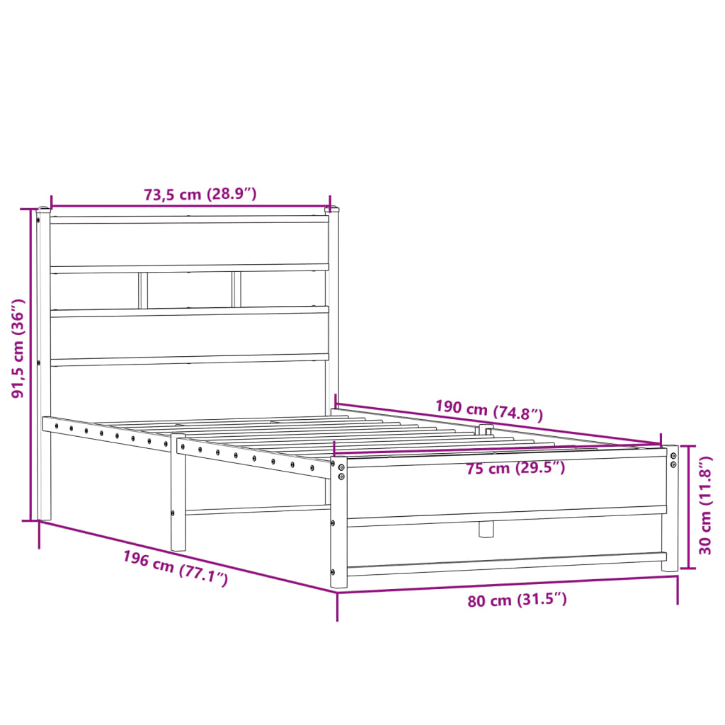 vidaXL Metal Bed Frame without Mattress Sonoma Oak 75x190 cm Small Single