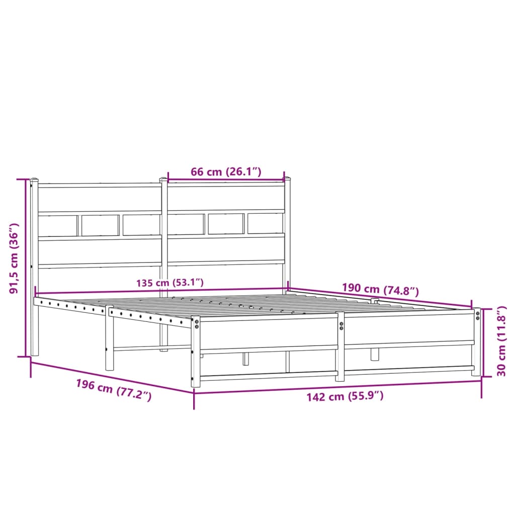 vidaXL Metal Bed Frame without Mattress Sonoma Oak 135x190 cm Double