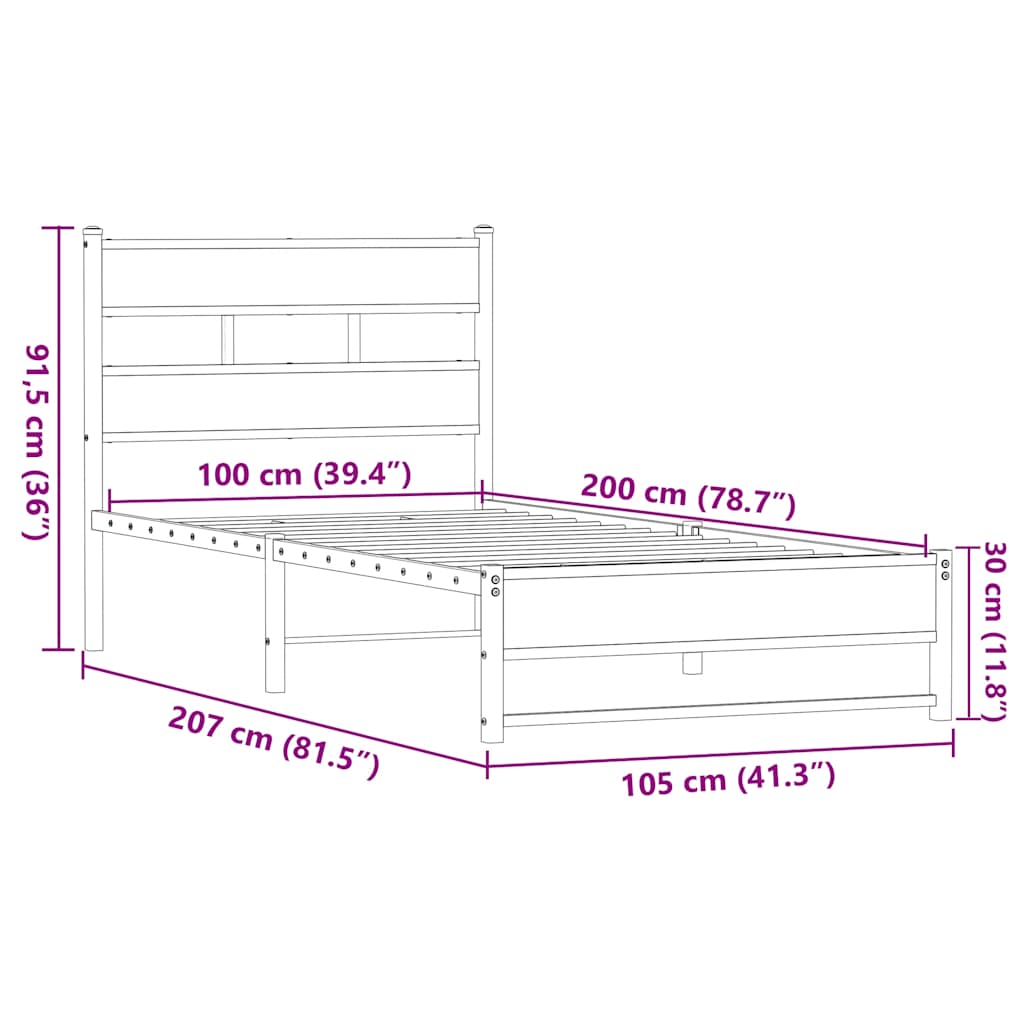 vidaXL Metal Bed Frame without Mattress Brown Oak 100x200 cm