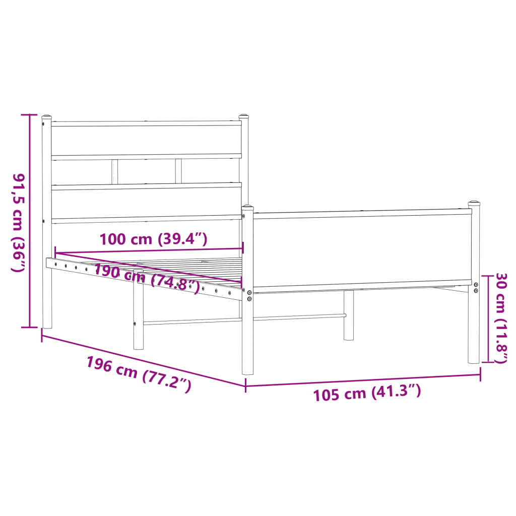 vidaXL Bed Frame without Mattress Brown Oak 100x190 cm Engineered Wood