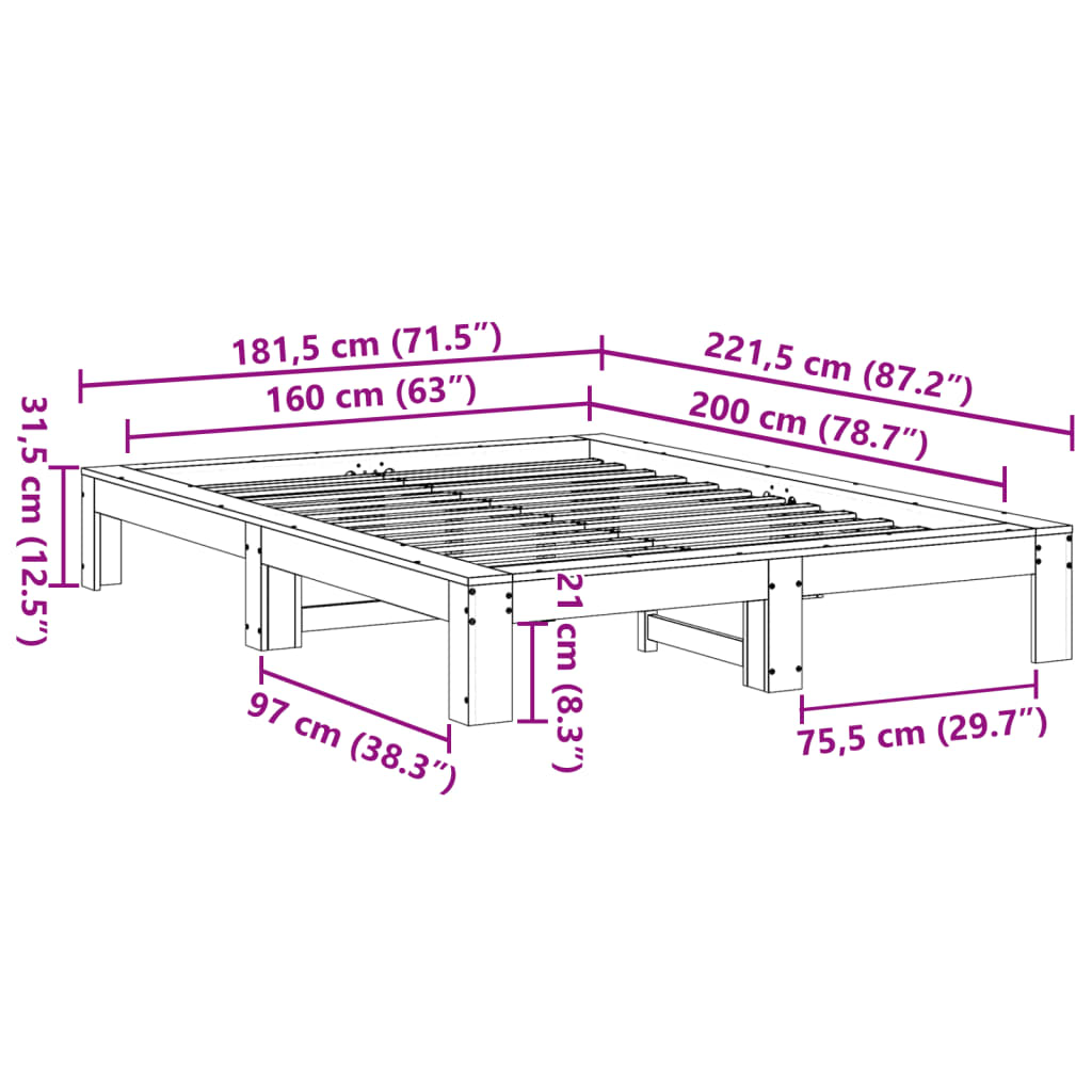 vidaXL Bed Frame without Mattress Wax Brown 160x200 cm Solid Wood Pine