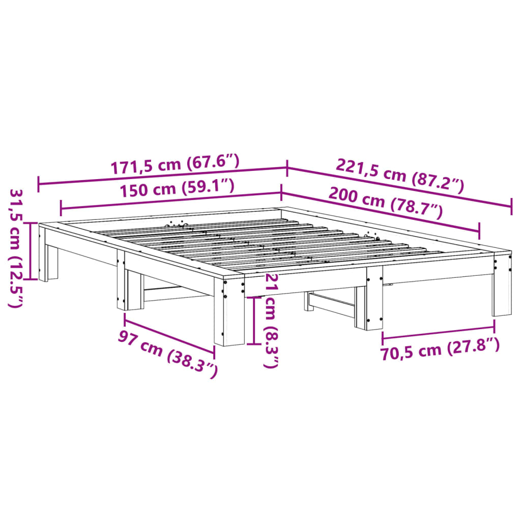 vidaXL Bed Frame without Mattress 150x200 cm King Size Solid Wood Pine