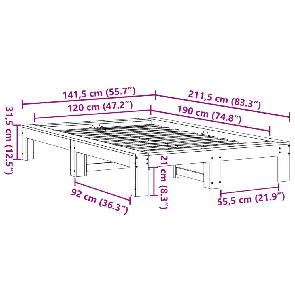 vidaXL Bed Frame without Mattress Wax Brown 120x190 cm Small Double Solid Wood Pine