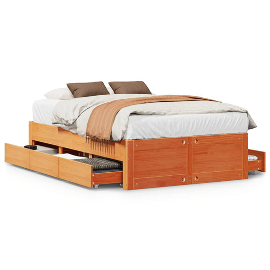 vidaXL Bed Frame without Mattress with Drawers Wax Brown 135x190 cm Double Solid Wood Pine