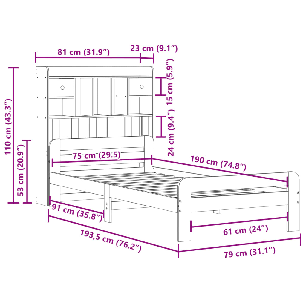 vidaXL Bookcase Bed without Mattress Wax Brown 75x190 cm Small Single Solid Wood Pine