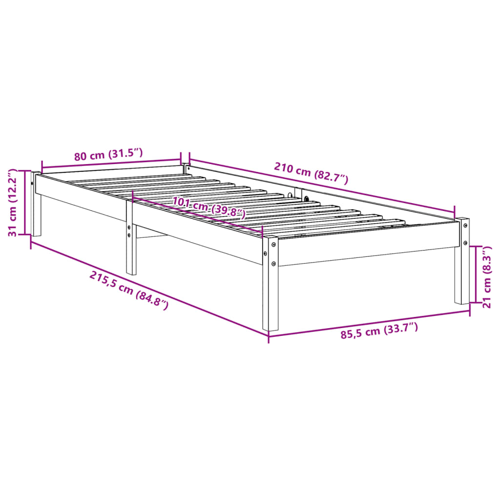vidaXL Extra Long Bed Frame without Mattress White 80x210 cm Solid Wood Pine