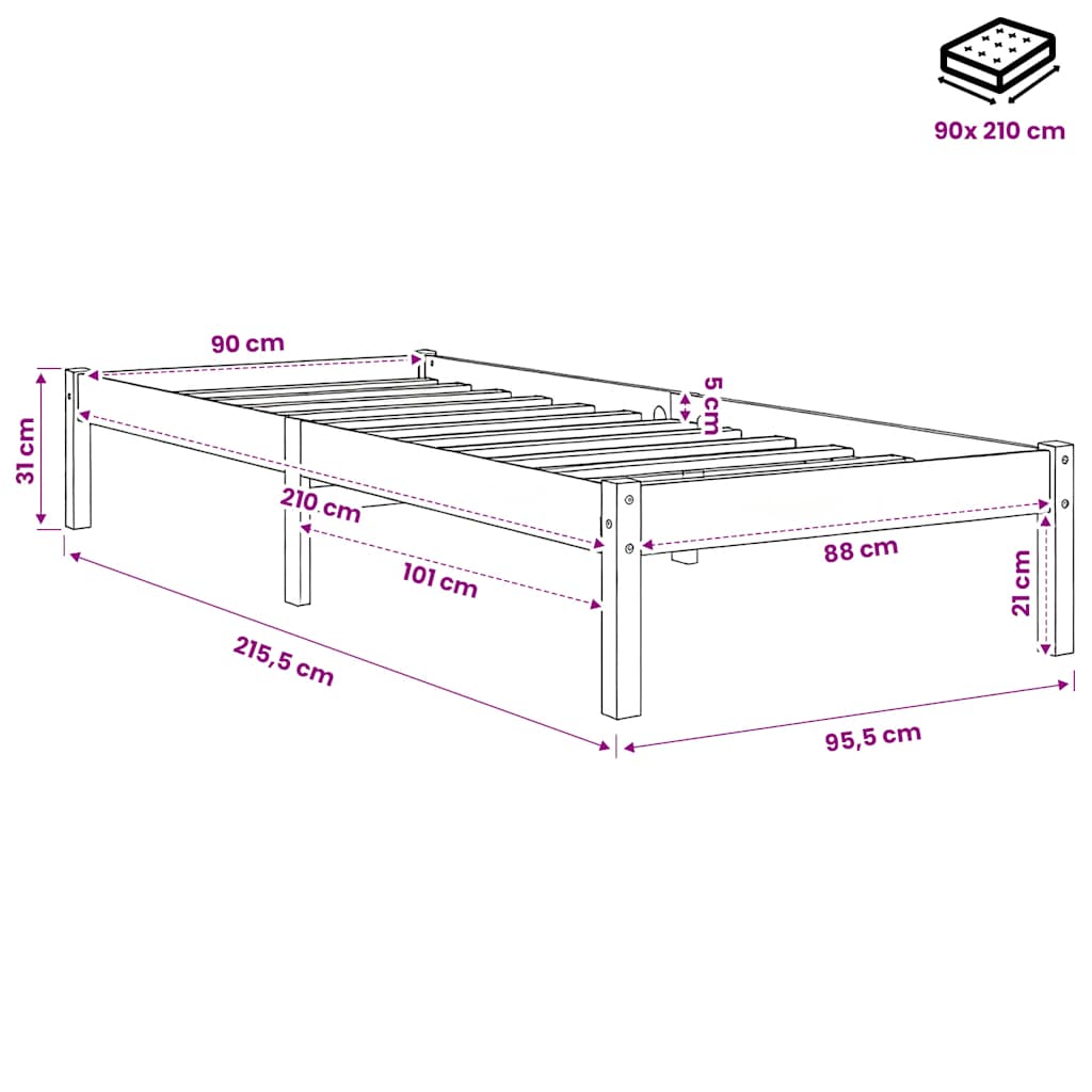 vidaXL Extra Long Bed Frame without Mattress 90x210 cm Solid Wood Pine