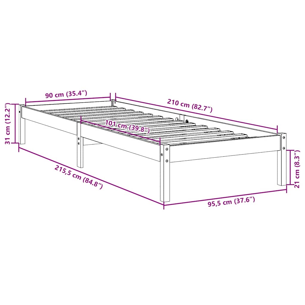 vidaXL Extra Long Bed Frame without Mattress White 90x210 cm Solid Wood Pine
