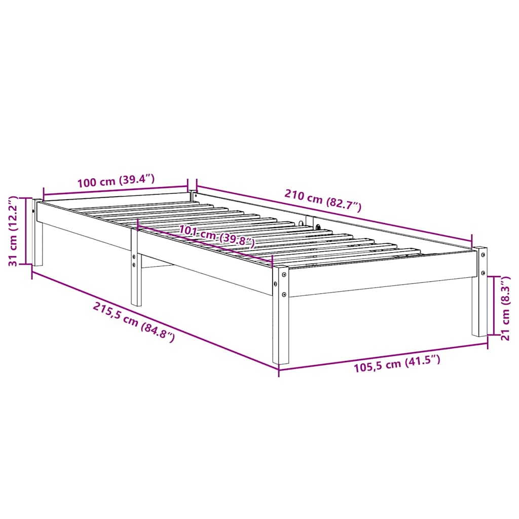 vidaXL Extra Long Bed Frame without Mattress White 100x210 cm Solid Wood Pine