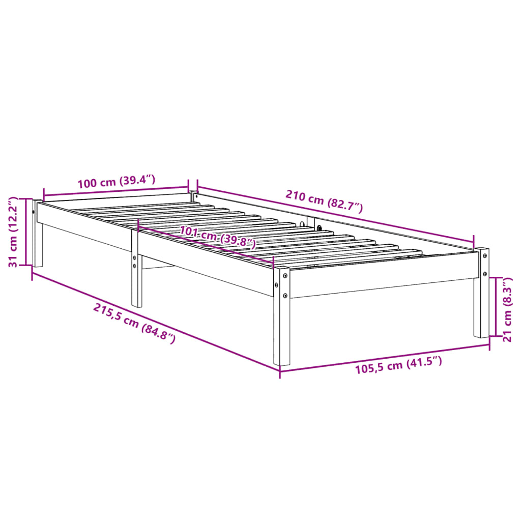 vidaXL Extra Long Bed Frame without Mattress White 100x210 cm Solid Wood Pine