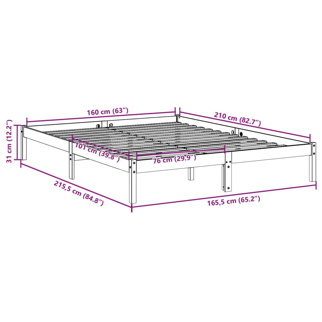 vidaXL Extra Long Bed Frame without Mattress 160x210 cm Solid Wood Pine