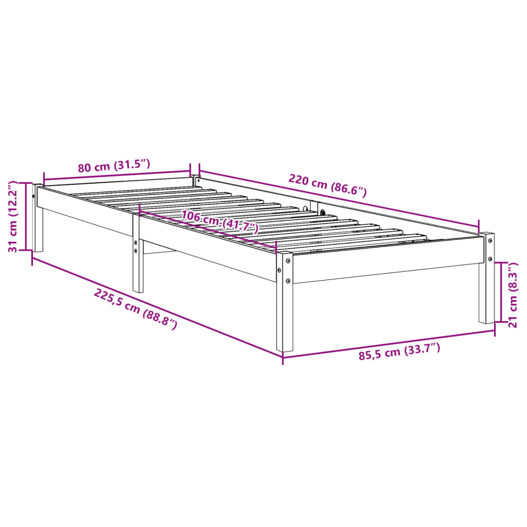 vidaXL Extra Long Bed Frame without Mattress 80x220 cm Solid Wood Pine