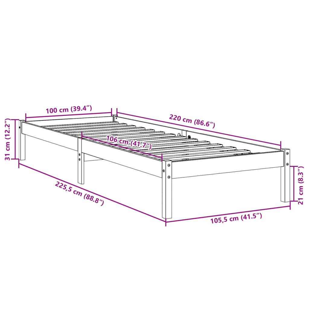 vidaXL Extra Long Bed Frame without Mattress 100x220 cm Solid Wood Pine