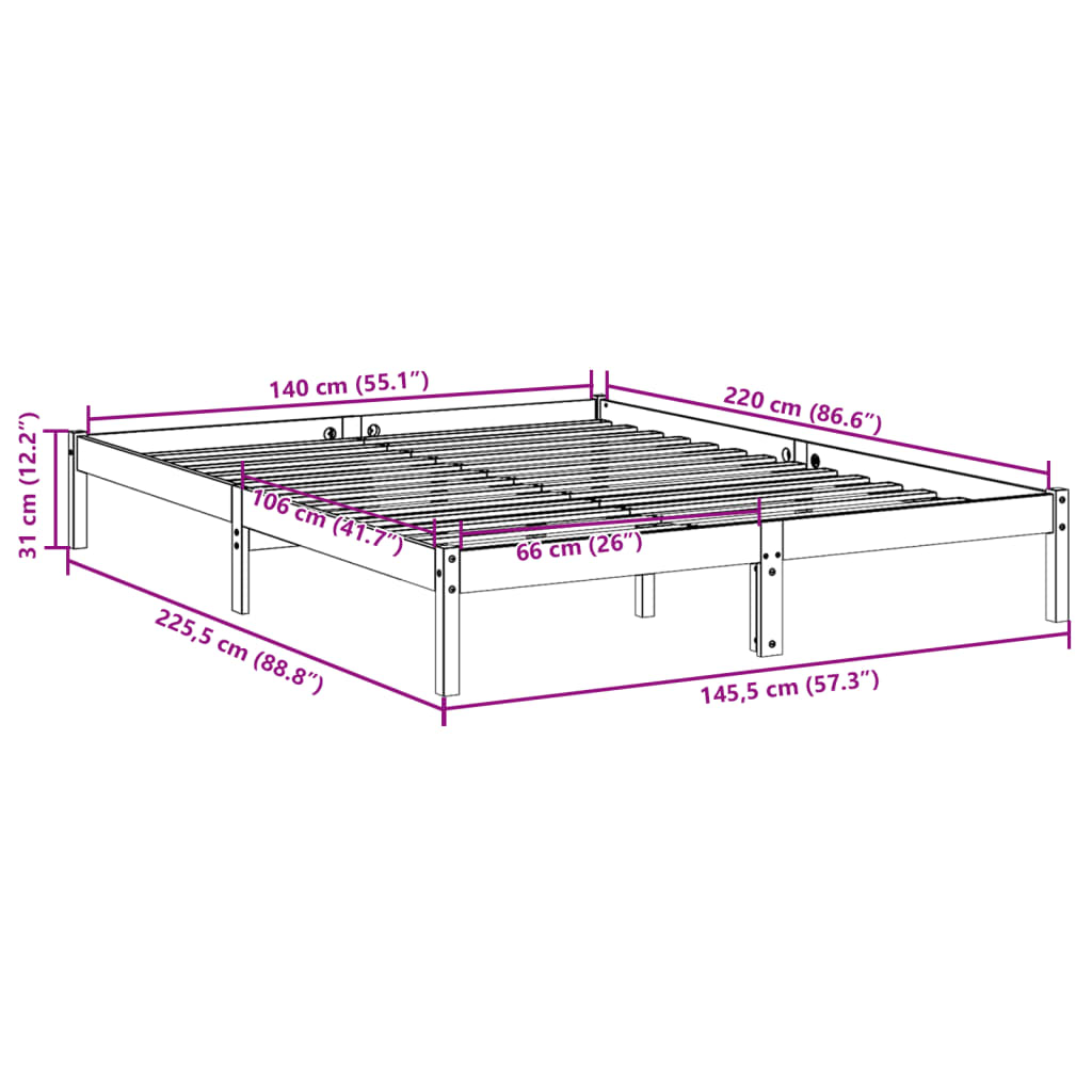 vidaXL Extra Long Bed Frame without Mattress 140x220 cm Solid Wood Pine