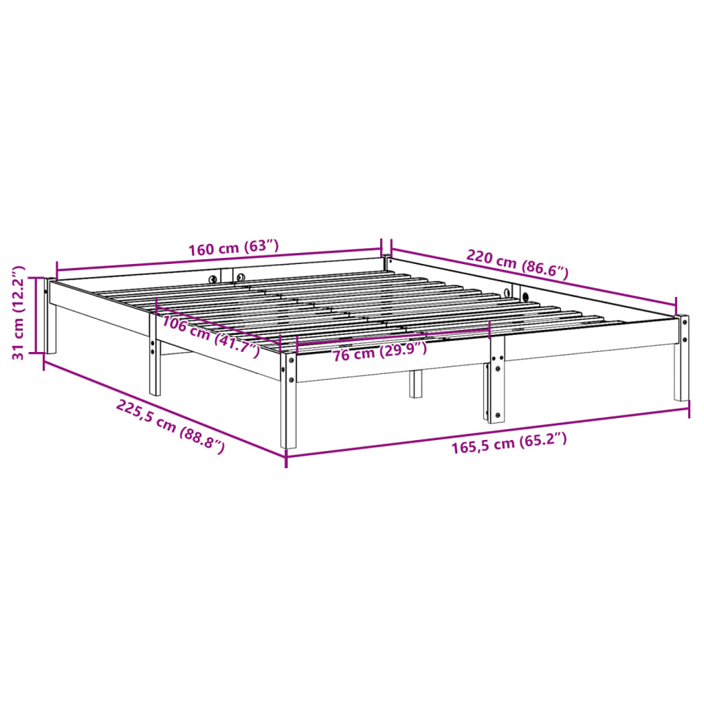 vidaXL Extra Long Bed Frame without Mattress 160x220 cm Solid Wood Pine