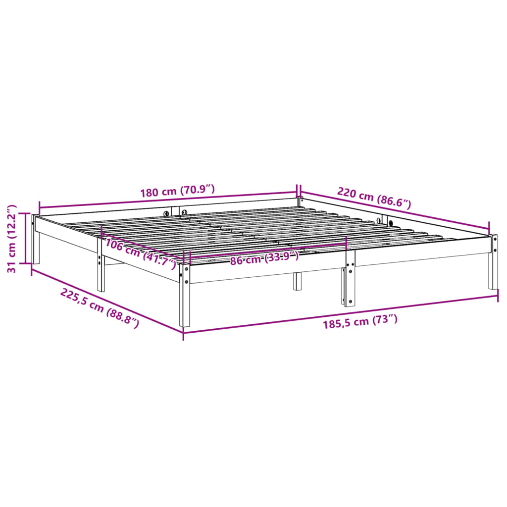 vidaXL Extra Long Bed Frame without Mattress White 180x220 cm Solid Wood Pine