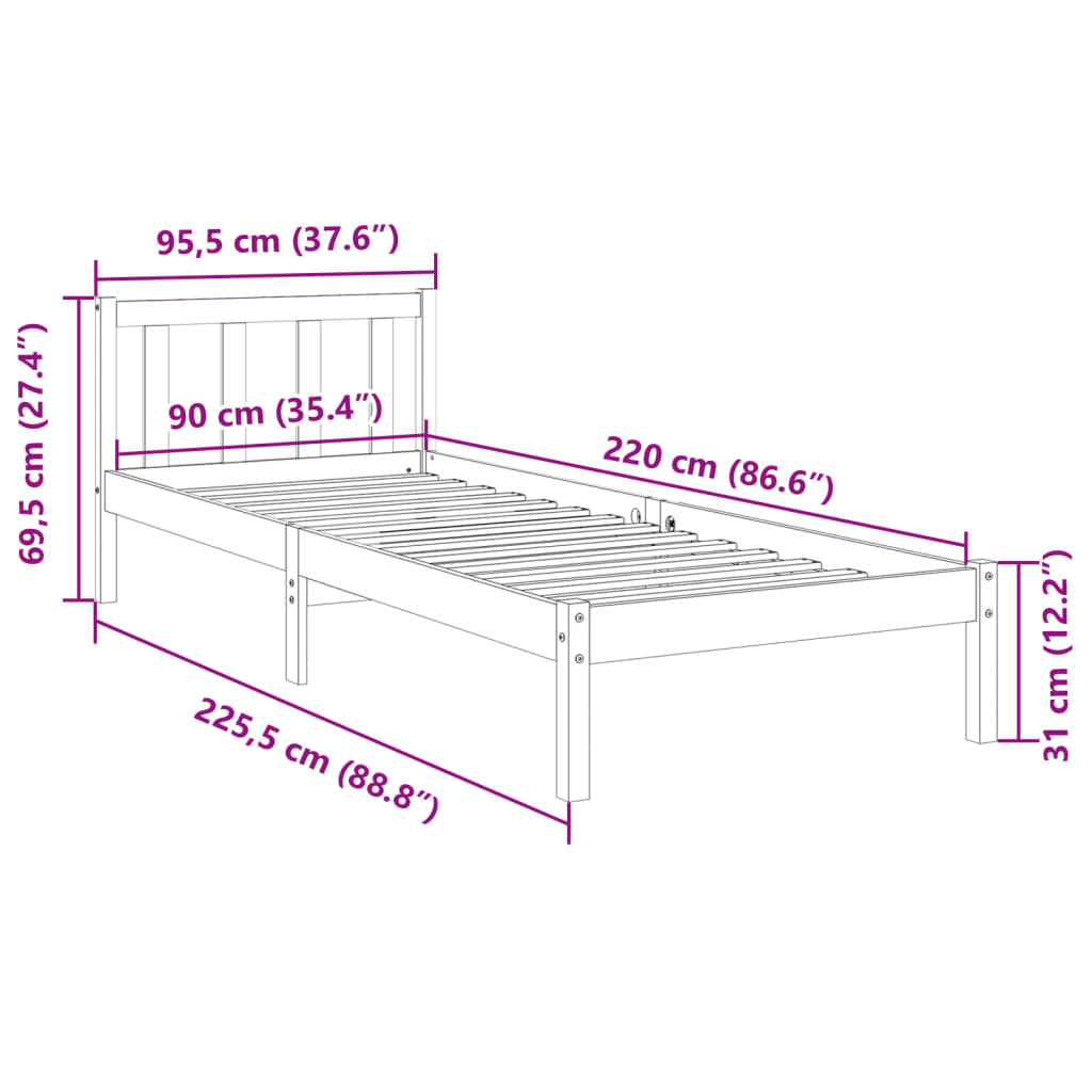 vidaXL Extra Long Bed Frame without Mattress White 90x220 cm Solid Wood Pine