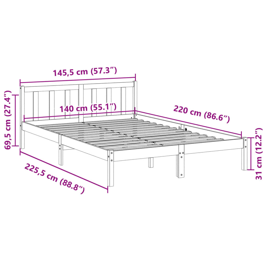 vidaXL Extra Long Bed Frame without Mattress White 140x220 cm Solid Wood Pine