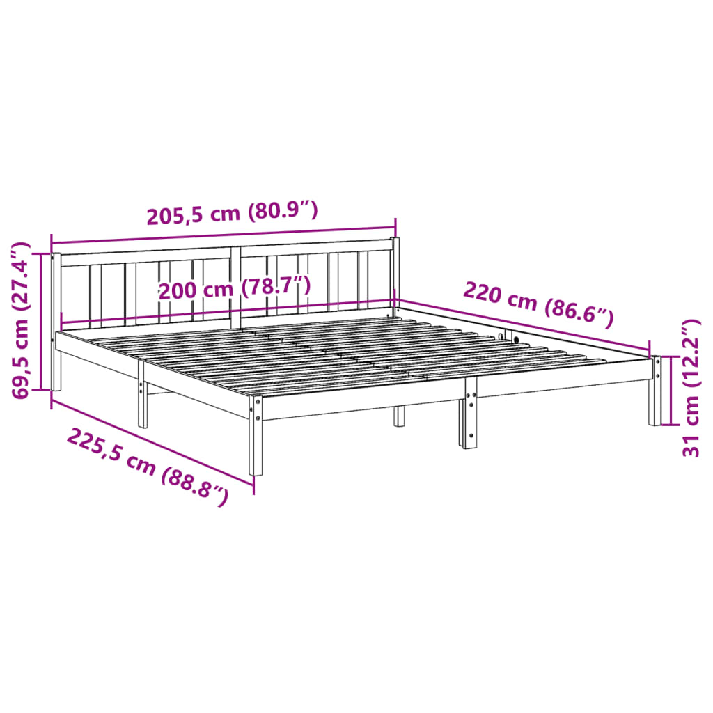 vidaXL Extra Long Bed Frame without Mattress White 200x220 cm Solid Wood Pine