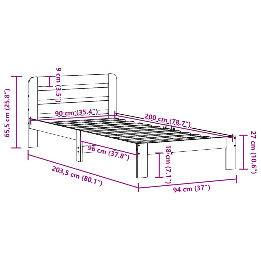 vidaXL Bed Frame without Mattress 90x200 cm Solid Wood Pine
