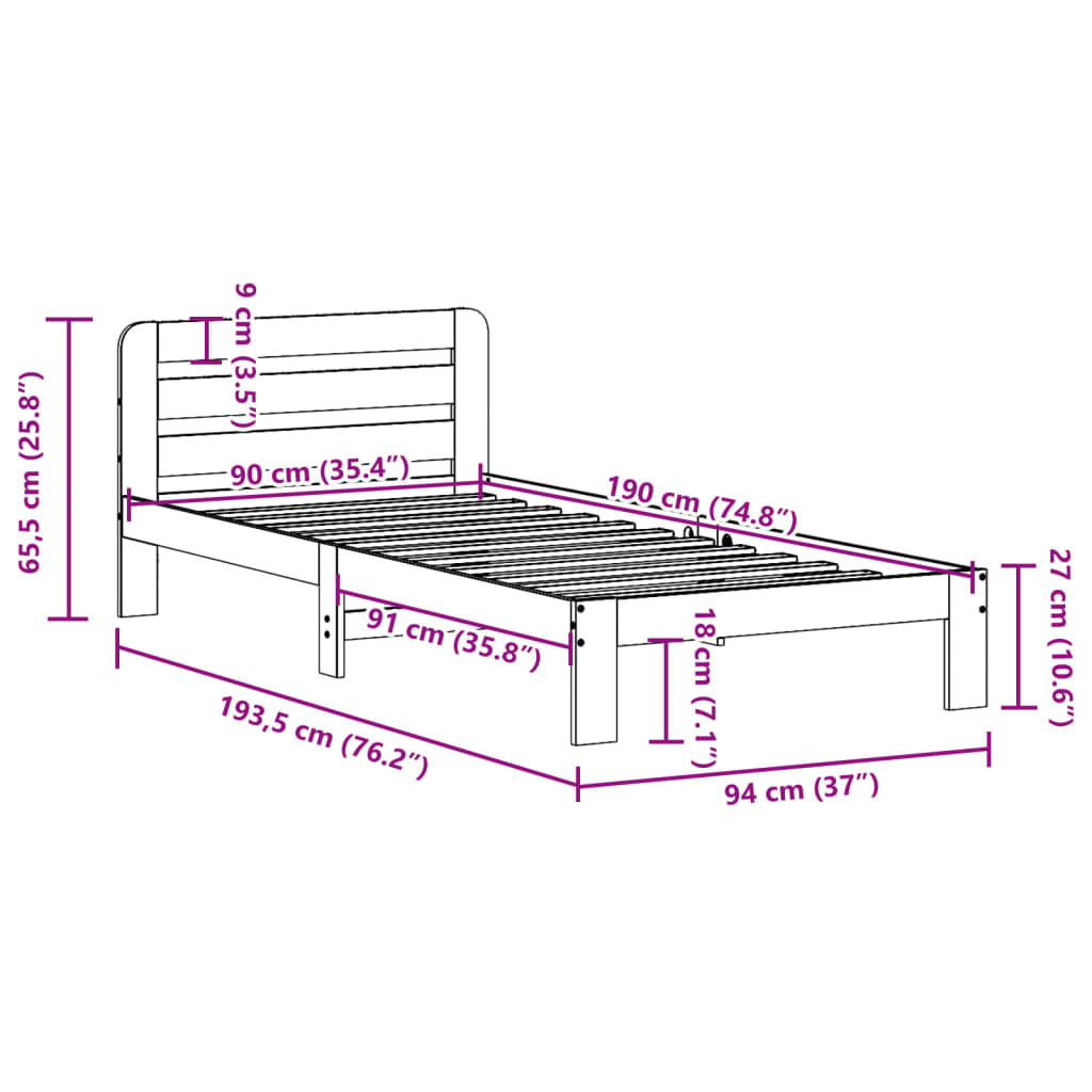 vidaXL Bed Frame without Mattress Wax Brown 90x190 cm Single Solid Wood Pine