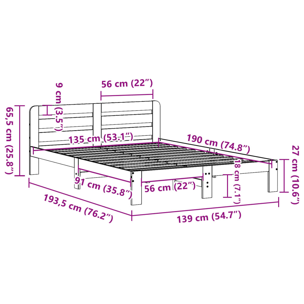 vidaXL Bed Frame without Mattress Wax Brown 135x190 cm Solid Wood Pine